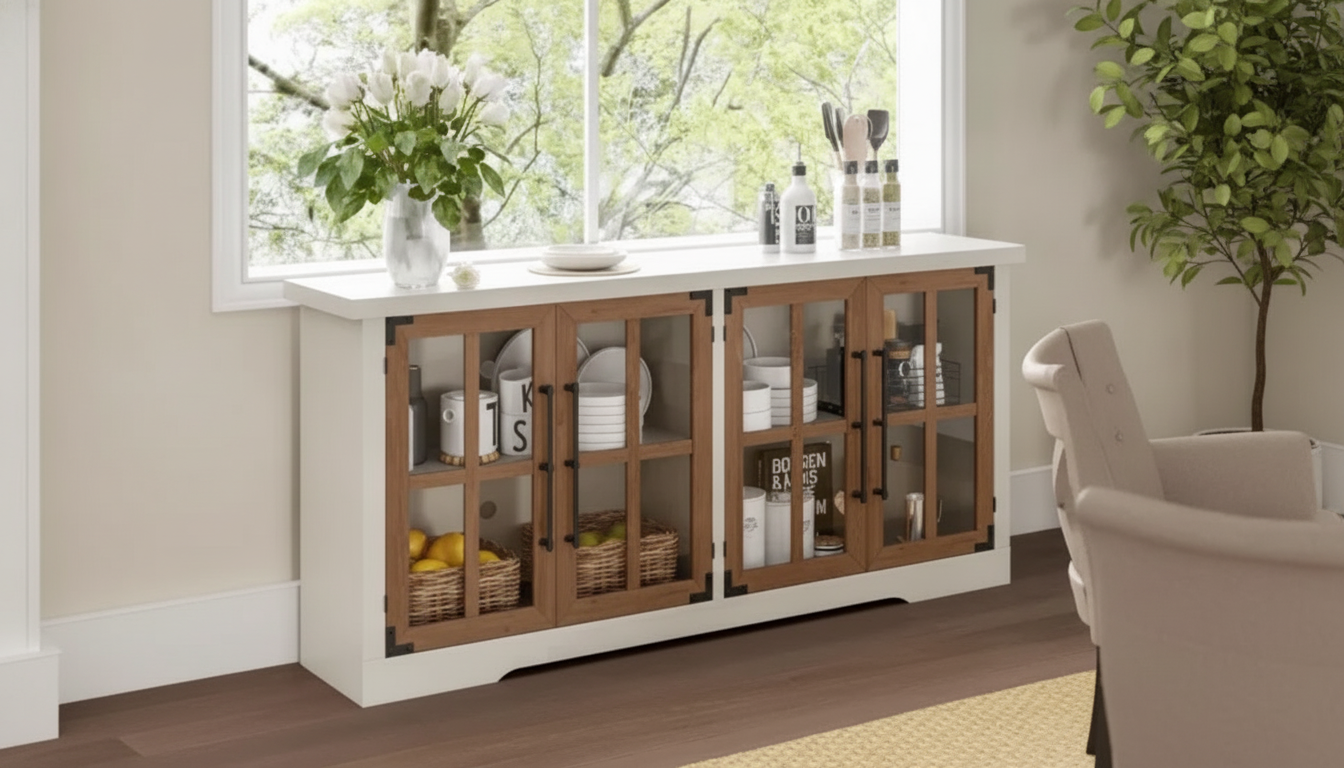 63-Inch Farmhouse Sideboard: Glass Doors, Adjustable Shelf