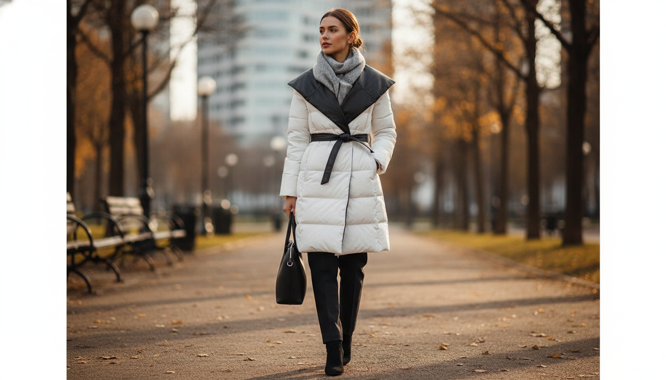 Minimalist Lapel-Collar Down Coat with Faux-Leather Trim